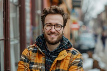 Fototapeta premium Handsome smiling, happy and pleased stoic man with positive vibes. Portrait of a joyful young man with beautiful hair and fashionable clothes.