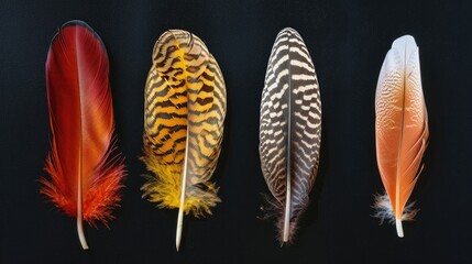 Beautiful colorful magical bird feathers isolated on black background. Generative AI