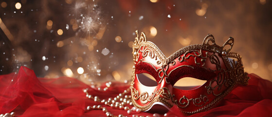 Image of elegant venetian mask on red silk and glitter - Powered by Adobe
