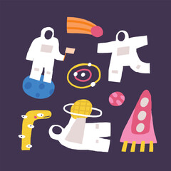Cute space postcard with funny hand drawn doodle rocket, astronaut, alien, comet, ufo. Cosmic, universe, night sky cover, template, banner, poster, print. Cartoon style background, t shirt print 