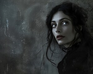 A haunting portrait of Threnody with a subtle, rutilant undertone, set against a sparse background for added impact