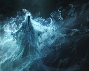 A mysterious wraith emerging from the shadows with ethereal energy swirling around them