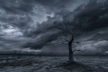 A nihilistic landscape devoid of life, with barren trees and a dark, stormy sky - obrazy, fototapety, plakaty