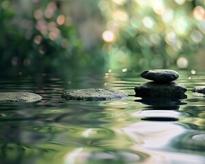 A peaceful zen garden with a background of water gently rippling, creating a sense of calm and introspection, with room for additional text or imagery to be added