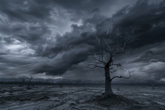 A nihilistic landscape devoid of life, with barren trees and a dark, stormy sky