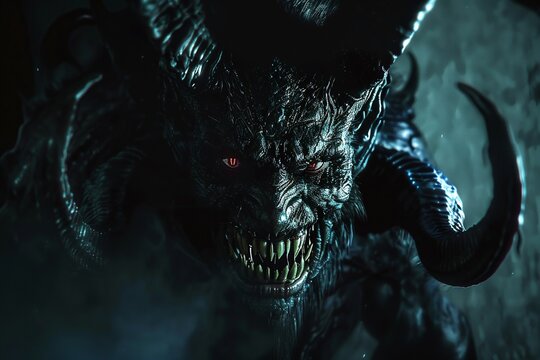 Cacodemon emerging from the shadows with a sinister grin