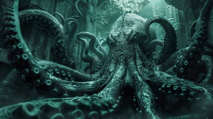 Design a haunting image of a kraken surrounded by a labyrinthine backdrop and copy space - obrazy, fototapety, plakaty
