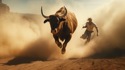 Dust kicks up as the cowboy and bull engage in a dance of power and determination. - obrazy, fototapety, plakaty