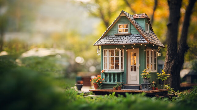Tiny miniature home built from small wood pieces and meticulously painted and constructed as a spring garden outside decoration.