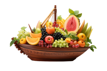 Boat Filled With Various Types of Fruit. on a White or Clear Surface PNG Transparent Background.