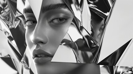 A girl model in a reflective pose, with mirrored surfaces creating intricate reflections on a solid silver background.