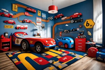 A car-themed room with a race car bed, road-inspired rugs, and traffic sign decorations.
