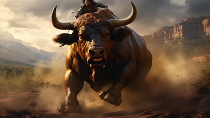 In the heart of the Wild West, a lone rider tames a ferocious bull amidst cheers and jeers. - obrazy, fototapety, plakaty