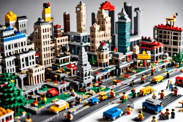 A LEGO cityscape complete with buildings, vehicles, and bustling LEGO mini-figures. - obrazy, fototapety, plakaty