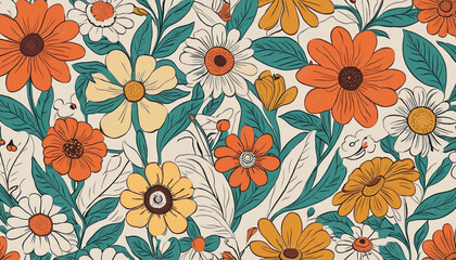 Trendy floral   pattern illustration. Vintage 70s style hippie flower background design. Colorful pastel color groovy artwork, y2k nature backdrop with flowers. - obrazy, fototapety, plakaty