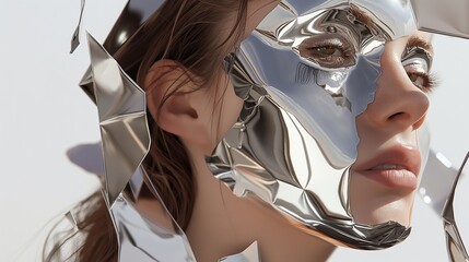 A girl model in a reflective pose, with mirrored surfaces creating intricate reflections on a solid...