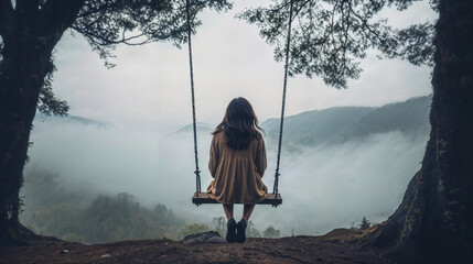 Young girl sitting alone on a rope tree swing looking over foggy forest mountains, gloomy overcast day, overwhelming sense of loneliness. - obrazy, fototapety, plakaty