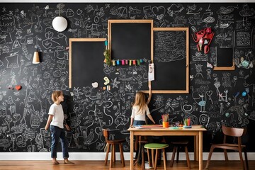 A wall covered in a magnetic chalkboard where kids showcase their doodles and artistic expressions.