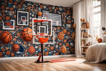 A mini indoor basketball hoop set against a backdrop of sports-themed wall decals. - obrazy, fototapety, plakaty