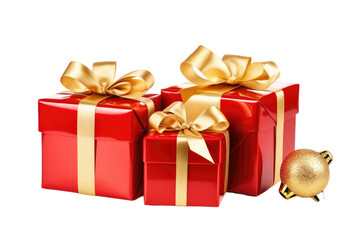 Obraz premium Three Red Gift Boxes With Gold Bows and a Christmas Ornament. on a White or Clear Surface PNG Transparent Background.