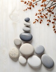 Stacked Pebbles with Red Leaves, Zen Inspired Composition Symbolizing Harmony and Beauty, Generative AI