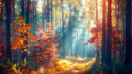 Fotobehang Bosweg Autumn forest nature. Vivid morning in colorful forest with sun rays through branches of trees. Scenery of nature with sunlight