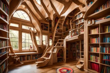 A whimsical playhouse nestled among bookshelves, complete with slides and climbing ropes.