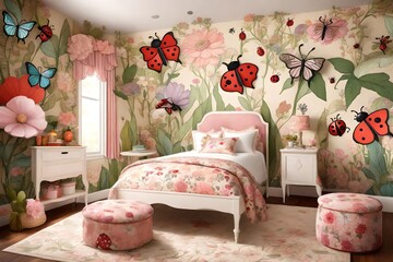 A whimsical garden-themed room with oversized flowers, butterflies, and ladybugs adorning the walls.