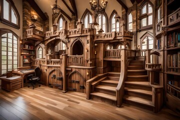 A room with a custom-built castle playhouse, complete with turrets, a drawbridge, and secret passages.
