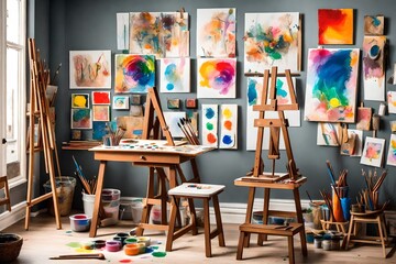 A creative art corner with an easel, paints, brushes, and a gallery wall displaying children's masterpieces.