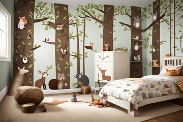 A woodland-themed room with tree trunk-inspired furniture and forest animal wall decals. - obrazy, fototapety, plakaty