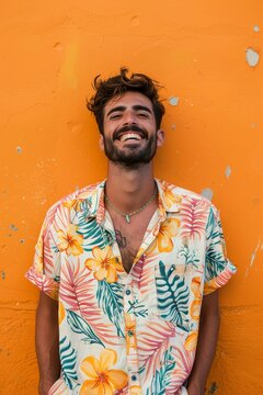Handsome smiling, happy and pleased stoic man with positive vibes. Portrait of a joyful young man with beautiful hair and fashionable clothes.