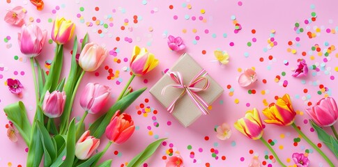 Colorful tulips with a gift box and confetti on a pink background