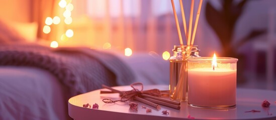Liquid fragrance in container with bamboo sticks and candle on table in bedroom in cozy setting....