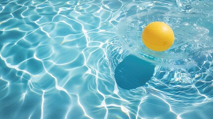 A vibrant yellow ball floats serenely atop a shimmering blue pool, inviting viewers to enjoy a refreshing dip and poolside leisure under the summer sun