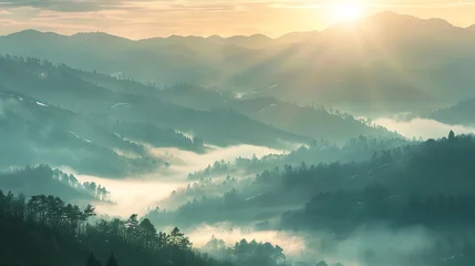 Poster Beautiful Landscape of mountain layer in morning sun ray and winter fog © Lucky Ai