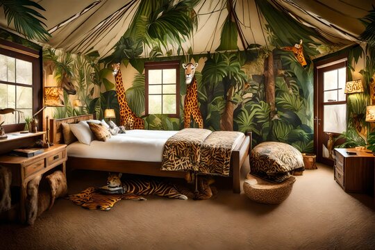 A room with a jungle safari theme, complete with safari tent bed and animal prints adorning the walls.