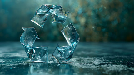 A recycling symbol sculpted from ice cubes sits on a table, glistening in the light. Its electric blue hue reflects the fluidity of water, resembling a gemstone or fashion accessory - obrazy, fototapety, plakaty