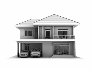 3D illustration, architecture, modern style two-storey house, white white tone rendering on a white background. Design houses without color or texture.