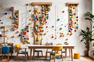 A wall-mounted marble run track with colorful balls cascading down, accompanied by playful wall art. - obrazy, fototapety, plakaty