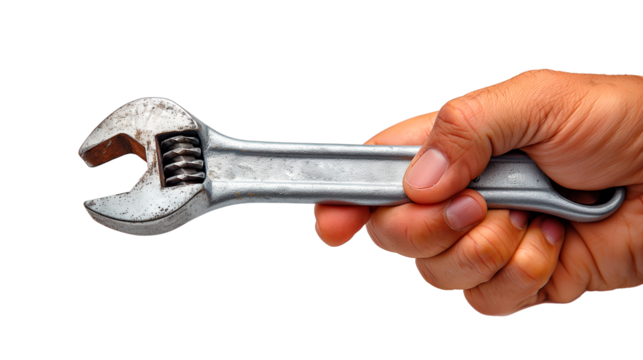Hand holding a tool, wrench, repairs concept. Isolated on transparent background, PNG. Wrench in hand.