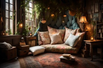 A cozy corner with oversized pillows and a fairy-tale themed storytelling chair.