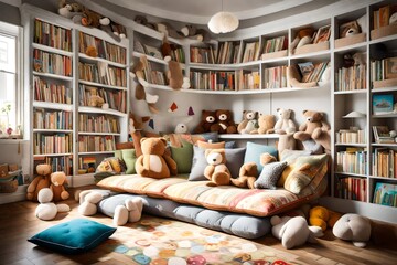 A cozy reading nook with oversized floor pillows, surrounded by shelves of picture books and stuffed animals. - obrazy, fototapety, plakaty