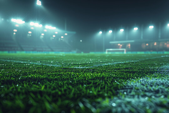 Freshly cut grass in a soccer stadium close-up