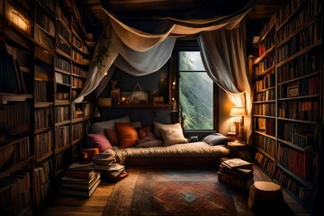 A cozy reading corner with a canopy and shelves of adventure and mystery books. - obrazy, fototapety, plakaty