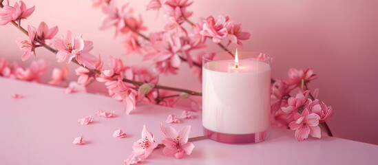 Candle mockup with pink flowers on pink table.