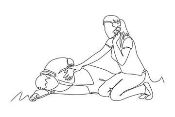 Continuous one line drawing of Woman comes to rescue A man has a heart attack. Saving lives or emergency accident. Health, care, teamwork. Single line draw design vector illustration