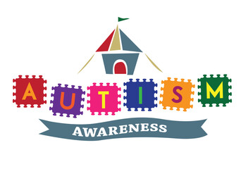 Kid's Circus Tent and Puzzle Floor mats with Autism texts and Awareness ribbon concept. Editable Clip Art.