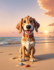 Cartoon character dog on the beach standing at sunset animation. Generated AI.