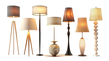 Floor lamps set collection. Light in the darkness, Isolated on white transparent background. Generative AI - obrazy, fototapety, plakaty